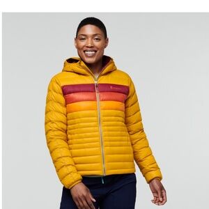NWT Cotopaxi Fuego Hooded Down Jacket - Women’s L in Amber Stripes